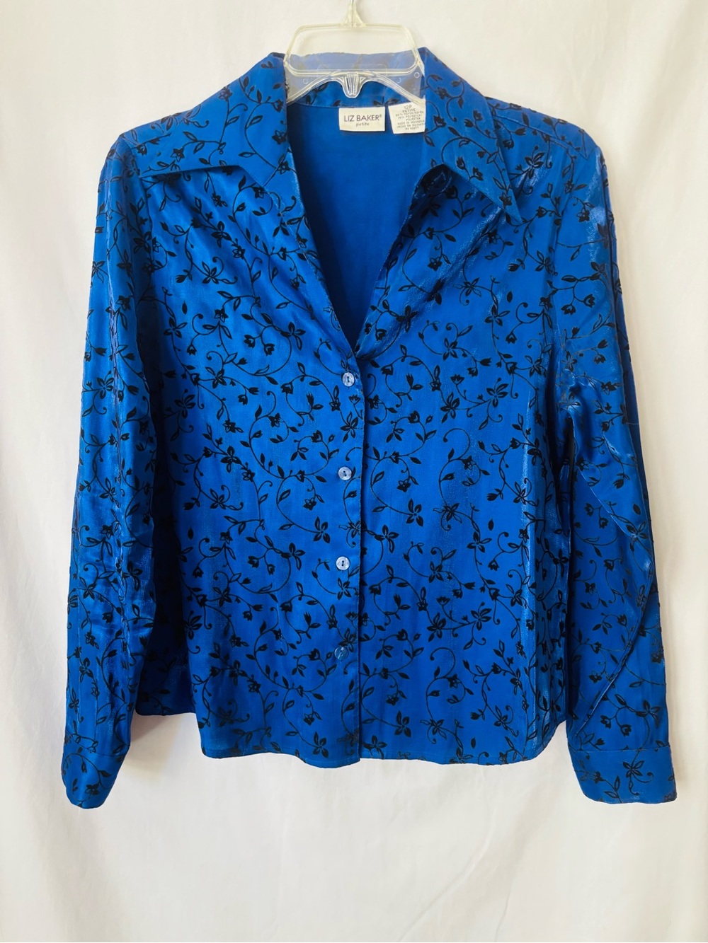 Liz Baker Iridescent Flocked Floral Blouse Cobalt Blue Petite 12P